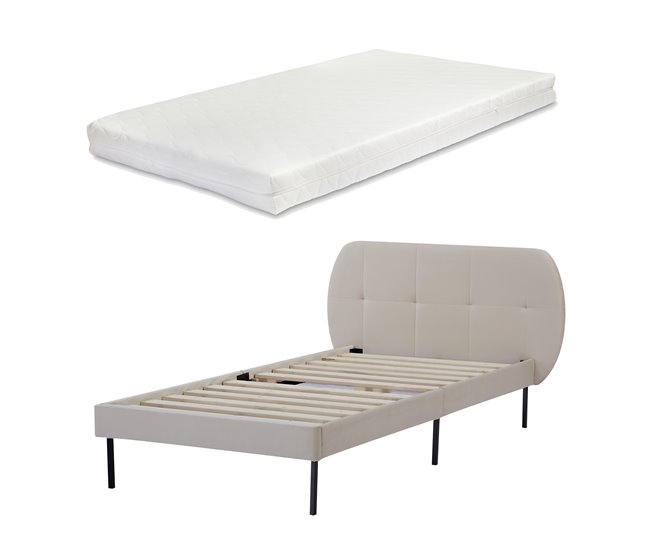 Conforama Cama tapizada Porvoo con cabecero somier terciopelo con colchón 90x200cm - Beige [en.casa]