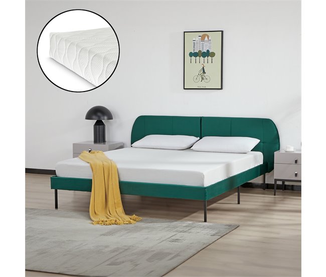 Conforama Cama Tapizada Porvoo Con Cabecero Somier Terciopelo Con Colchón 160x200cm - Verde Oscuro [en.casa]