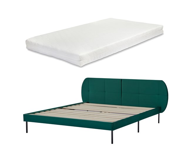Conforama Cama tapizada Porvoo con cabecero somier terciopelo con colchón 160x200cm - Verde oscuro [en.casa]