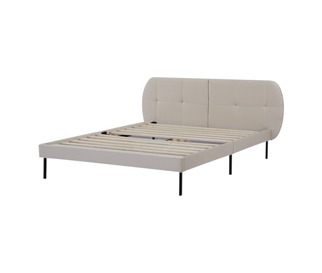 Conforama Cama tapizada Porvoo con cabecero somier terciopelo 140x200cm - Beige [en.casa]