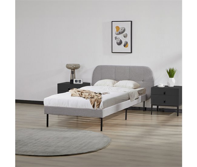 Conforama Cama Tapizada Porvoo Con Cabecero Somier Textil 90x200cm - Gris [en.casa]