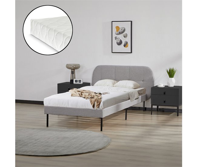 Conforama Cama Tapizada Porvoo Con Cabecero Somier Textil Colchón 90x200cm - Gris [en.casa]