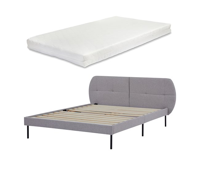 Conforama Cama tapizada Porvoo con cabecero somier textil con colchón 140x200cm - Gris [en.casa]