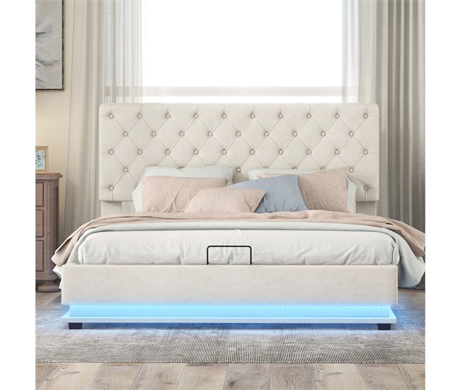Conforama Canapé De Terciopelo 140x200 Cm Con LED A Los Pies De La Cama Y Somier De Láminas - Beige