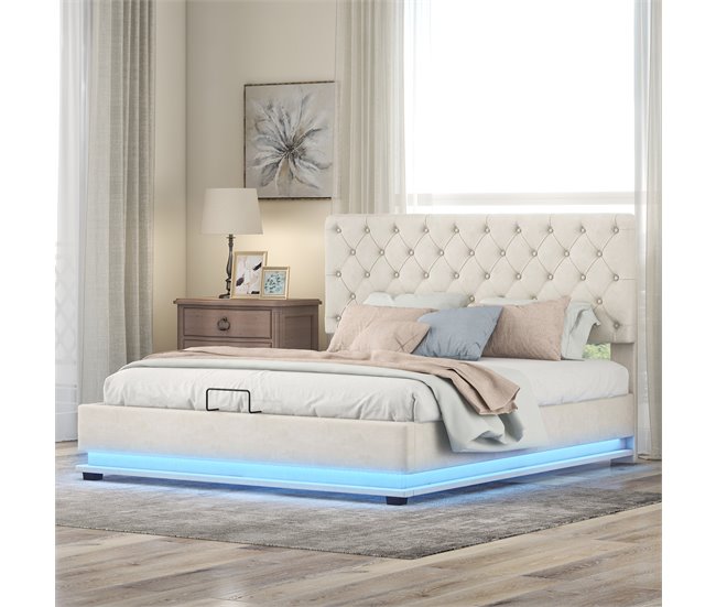 Conforama Canapé De Terciopelo 140x200 Cm Con LED A Los Pies De La Cama Y Somier De Láminas - Beige