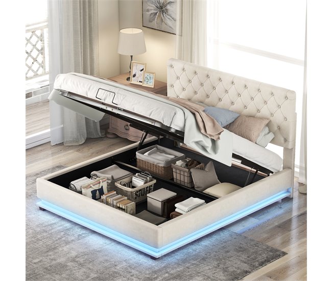Conforama Canapé De Terciopelo 140x200 Cm Con LED A Los Pies De La Cama Y Somier De Láminas - Beige
