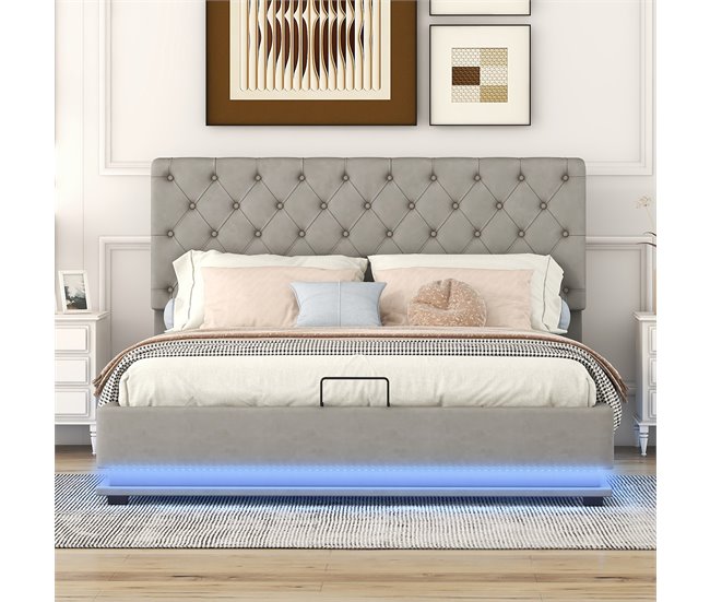 Conforama Canapé De Terciopelo 140x200 Cm Con LED A Los Pies De La Cama Y Somier De Láminas - Gris