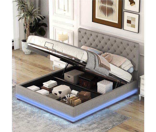 Conforama Canapé De Terciopelo 140x200 Cm Con LED A Los Pies De La Cama Y Somier De Láminas - Gris