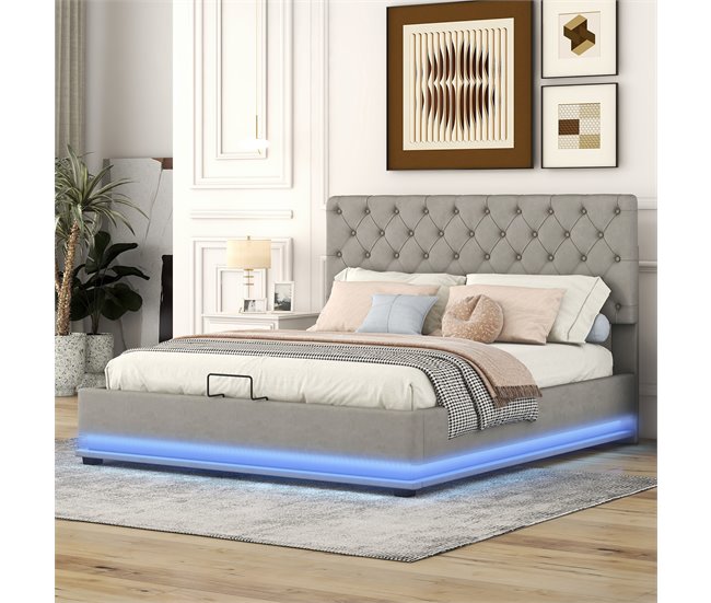 Conforama Canapé De Terciopelo 140x200 Cm Con LED A Los Pies De La Cama Y Somier De Láminas - Gris