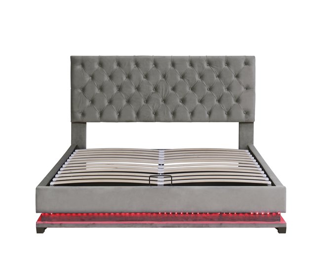 Conforama Canapé de terciopelo 140x200 cm con LED a los pies de la cama y somier de láminas - Gris