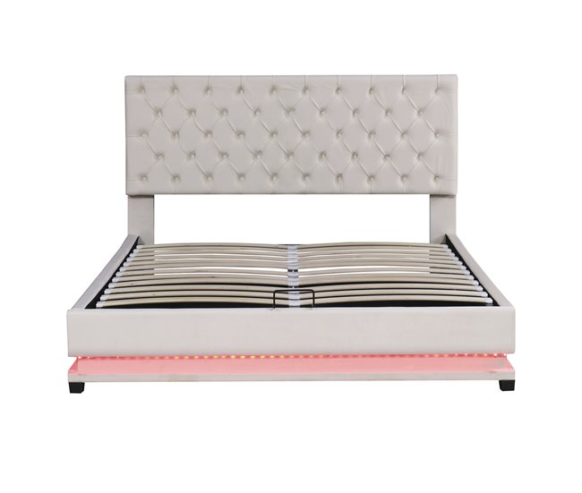 Conforama Canapé de terciopelo 140x200 cm con LED a los pies de la cama y somier de láminas - Beige