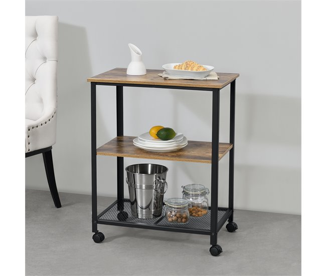 Conforama Carro De Servicio Freiburg 3 Estantes Con Ruedas 76 5 X 60 X 40 Cm - Madera Oscura/Negro [en.casa]