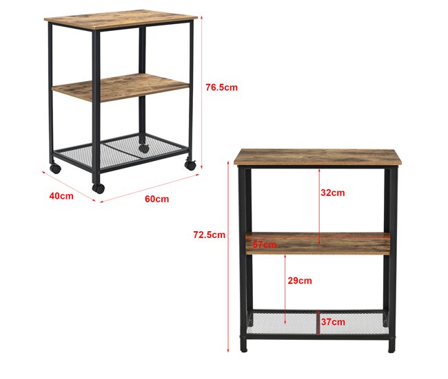 Conforama Carro De Servicio Freiburg 3 Estantes Con Ruedas 76 5 X 60 X 40 Cm - Madera Oscura/Negro [en.casa]