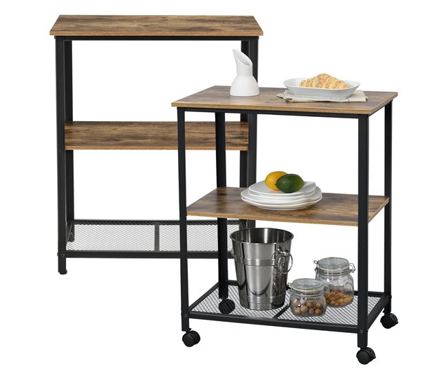 Conforama Carro de Servicio Freiburg 3 Estantes con Ruedas 76 5 x 60 x 40 cm - Madera oscura/Negro [en.casa]