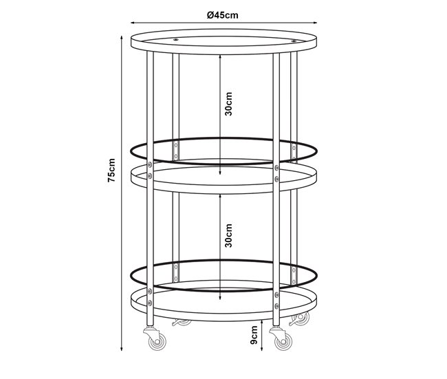 Conforama Carro De Servicio Munkedal Redonda Con 3 Estantes Metal 75xØ45cm - Negro [en.casa]