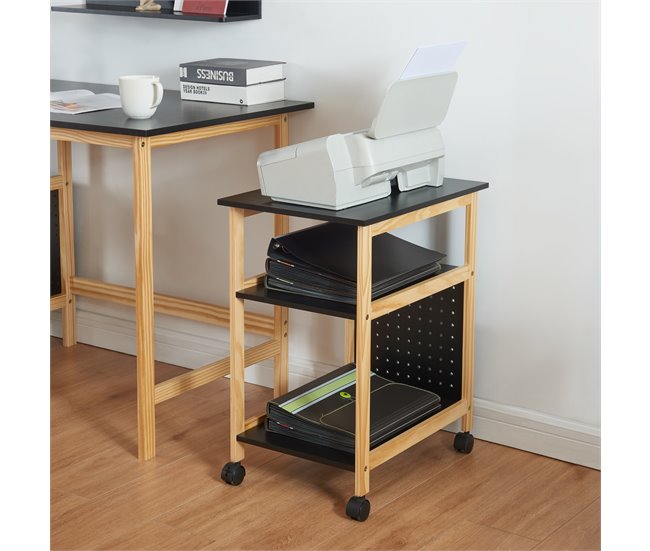 Conforama Carro Para Impresora Dønna Con Estantes MDF 61x51x36cm - Negro/Madera [en.casa]