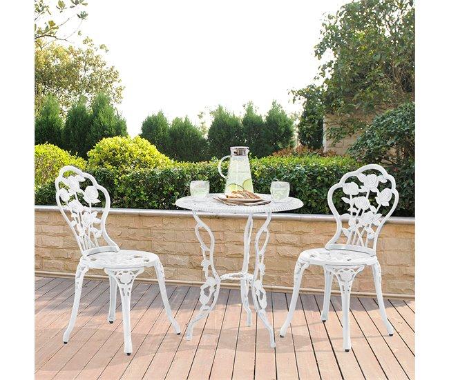 Conforama [casa.pro] Set Bistro Aluminio Fundido Mesa + 2 Sillas Look Antiguo Muebles Para Terraza Balcón - Blanco