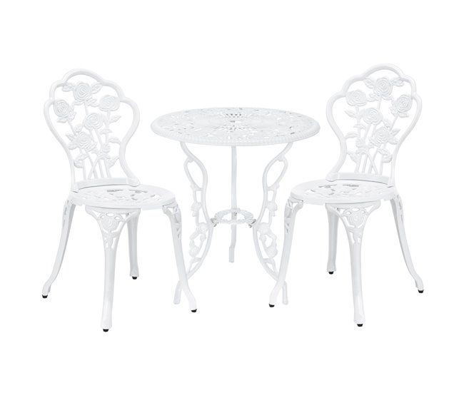 Conforama [casa.pro] Set bistro aluminio fundido mesa + 2 sillas look antiguo muebles para terraza balcón - blanco