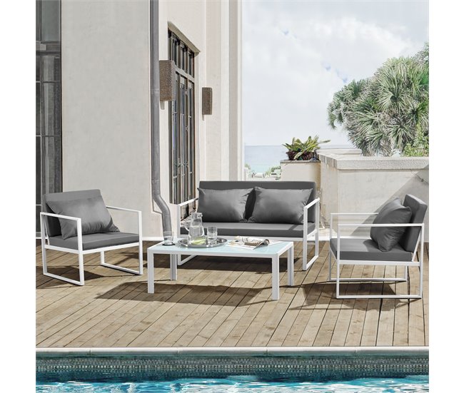 Conforama [casa.pro] Set De Muebles De Jardín 2 X Silla De Jardín Sofá Mesa De Centro De Vidrio - Blanco