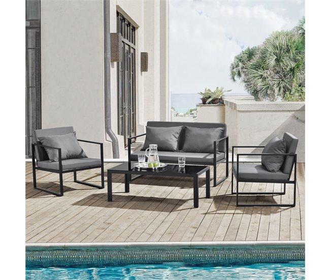 Conforama [casa.pro] Set De Muebles De Jardín 2 X Sillas De Jardín Sofá Mesa De Centro De Vidrio - Negro