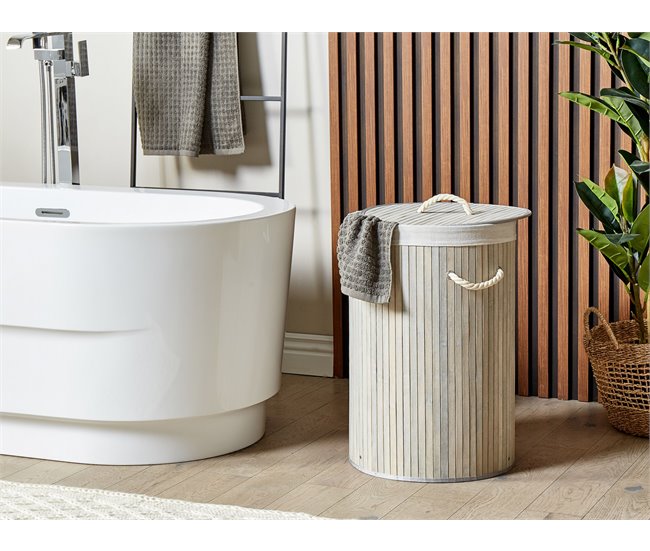 Conforama Cesta De Madera De Bambú Gris/blanco 60 Cm SANNAR