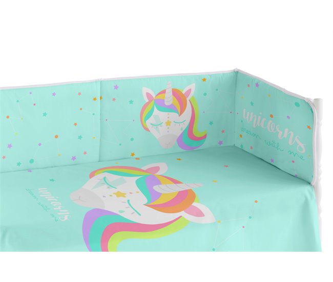 Conforama Chichonera bebé 60x120 extra resistente hecha de piqué para proteger a tu bebé de los barrotes de la cuna. Colección Unicorn Dreams