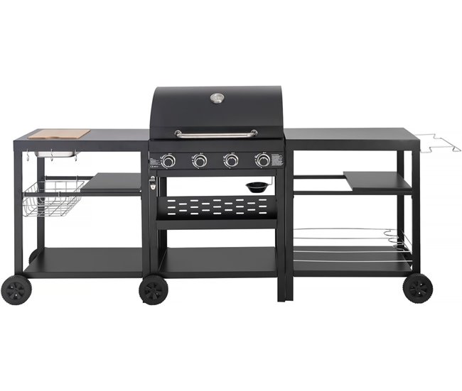 Conforama Cocina exterior con barbacoa de gas de 4 quemadores y 2 mesas 233 X 53 X 11 cm