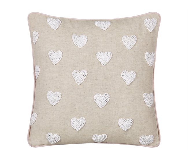 Conforama Cojín de algodón beige con corazones bordados 45 x 45 cm GAZANIA