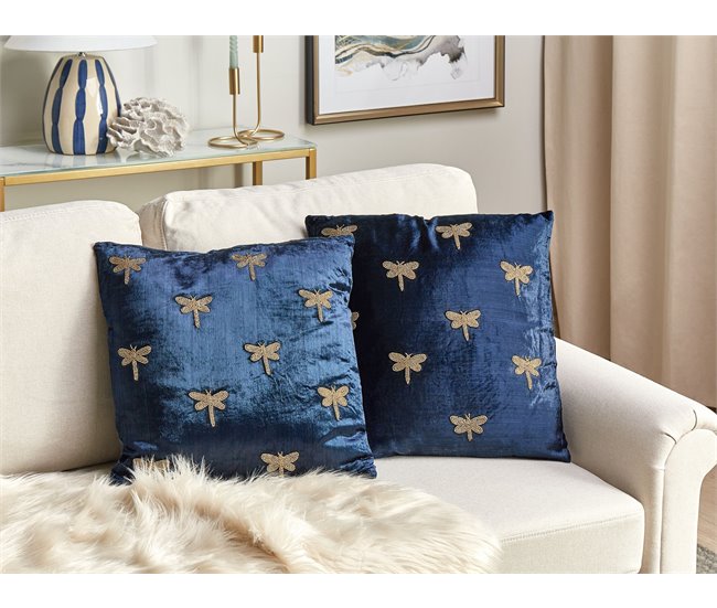 Conforama Cojín De Terciopelo Azul Marino Bordado Libélula 45 X 45 Cm BLUESTEM
