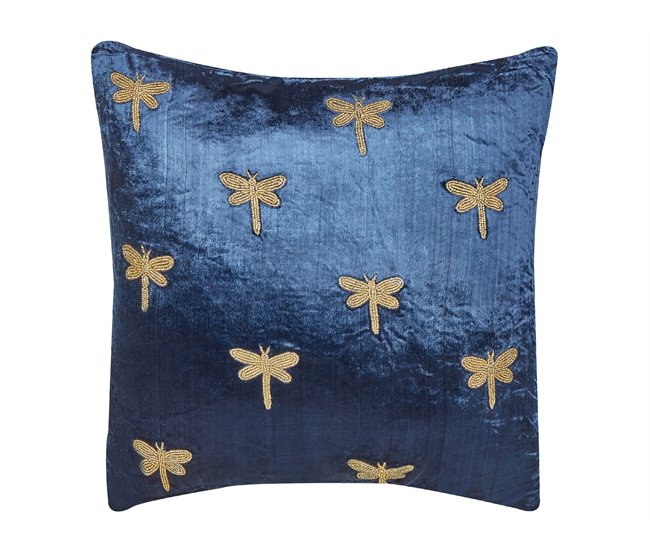 Conforama Cojín de terciopelo azul marino bordado libélula 45 x 45 cm BLUESTEM