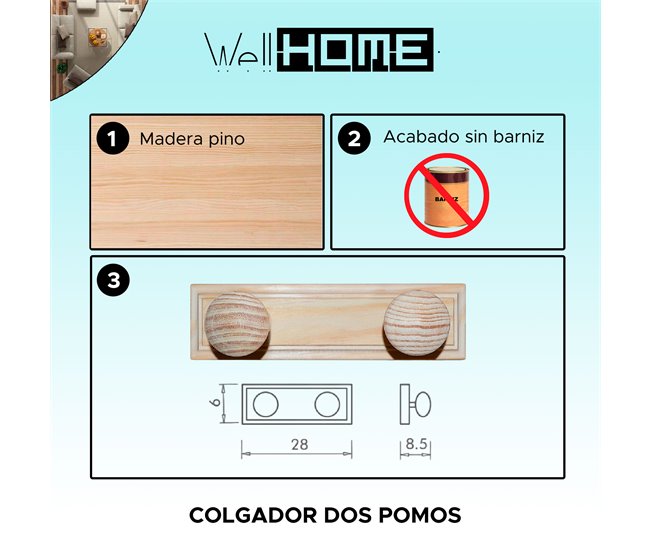 Conforama Colgador 2 Pomos En Madera Acabado SIN Barniz 28x9x6 Cm