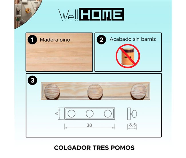 Conforama Colgador 3 Pomos De Madera Acabado SIN Barniz 38x9x6 Cm