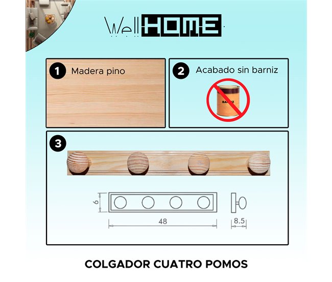 Conforama Colgador 4 Pomos En Madera Acabado SIN Barniz 48x9x6 Cm