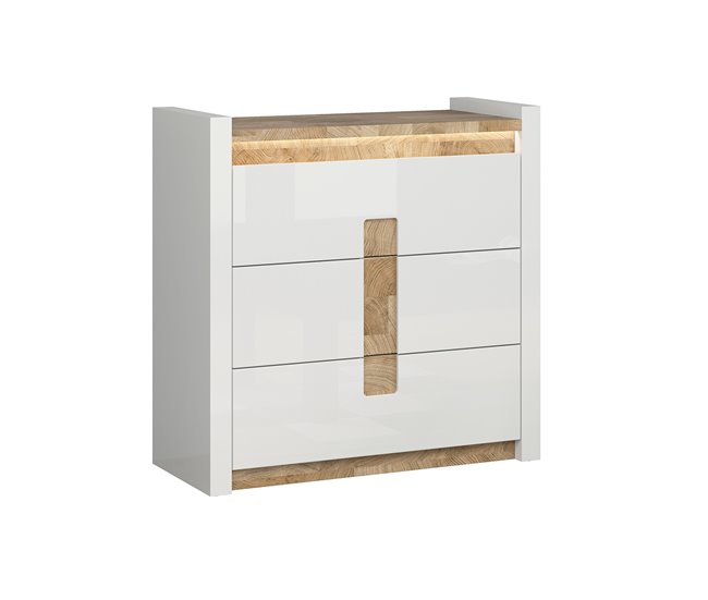 Conforama Cómoda 3 Cajones Con LED Helios Blanco Lacado Y Madera