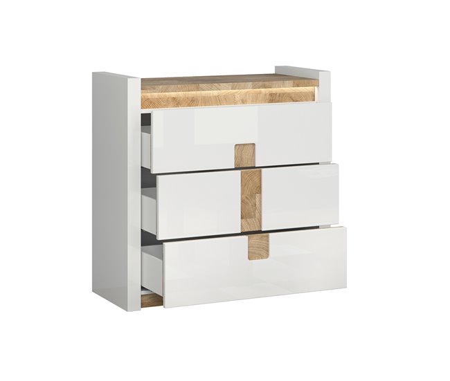 Conforama Cómoda 3 Cajones Con LED Helios Blanco Lacado Y Madera