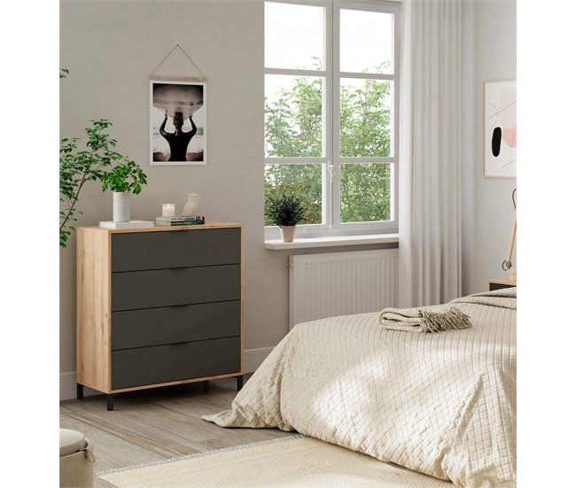 Conforama Cómoda Dmaniero Cómoda Con 4 Cajones Cómoda Para El Dormitorio Cómoda Moderna 76x40h94 Cm Roble Anudado Y Antracita