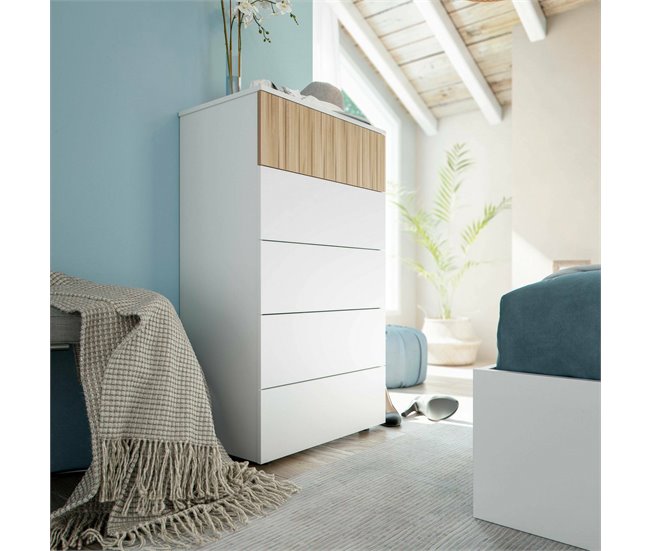Conforama Cómoda Dorig Cómoda Con 5 Cajones Cómoda Para El Dormitorio Cómoda Moderna 61x40h109 Cm Blanco Y Roble