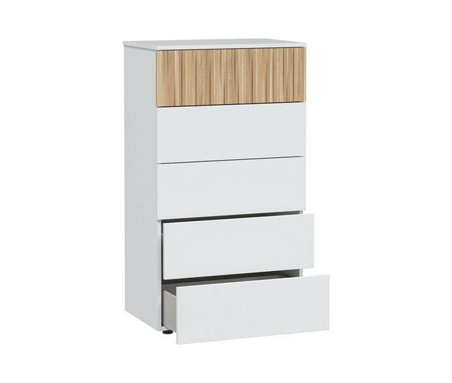 Conforama Cómoda Dorig cómoda con 5 cajones cómoda para el dormitorio cómoda moderna 61x40h109 cm blanco y roble
