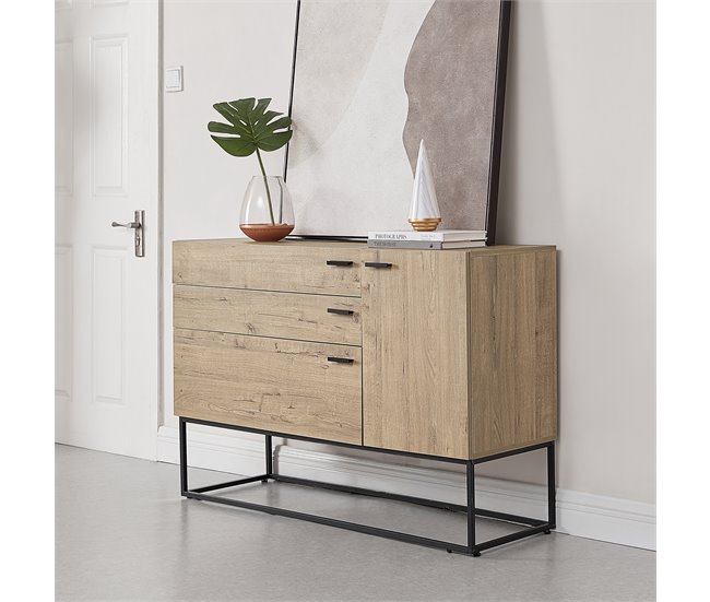 Conforama Cómoda Hylte Con 3 Cajones Metal Aglomerado 79 X 115 X 40 Cm - Negro Y Efecto Roble [en.casa]
