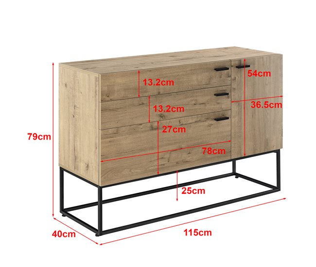Conforama Cómoda Hylte Con 3 Cajones Metal Aglomerado 79 X 115 X 40 Cm - Negro Y Efecto Roble [en.casa]