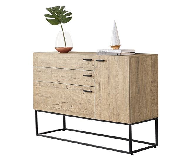 Conforama Cómoda Hylte con 3 cajones metal aglomerado 79 x 115 x 40 cm - Negro y Efecto Roble [en.casa]