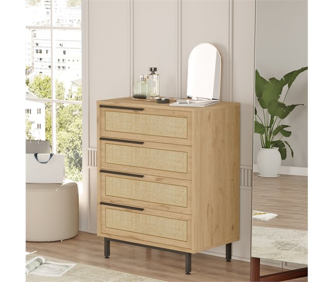 Conforama Cómoda Kvænangen Con 4 Cajones - 95x75x44 5cm - Roble Y Ratán [en.casa]