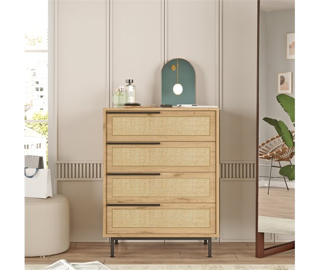 Conforama Cómoda Kvænangen Con 4 Cajones - 95x75x44 5cm - Roble Y Ratán [en.casa]