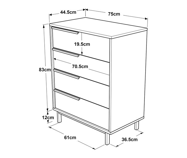 Conforama Cómoda Kvænangen Con 4 Cajones - 95x75x44 5cm - Roble Y Ratán [en.casa]