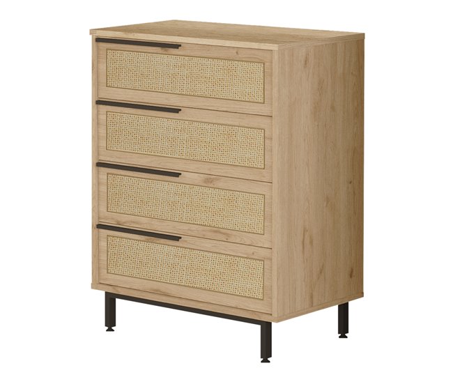 Conforama Cómoda Kvænangen con 4 cajones - 95x75x44 5cm - Roble y Ratán [en.casa]