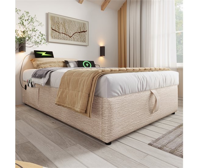 Conforama Cómoda Tapizada 90×190 Cm - Tela De Lino - Con Enchufes De Carga Y Cojín De Láminas - Beige