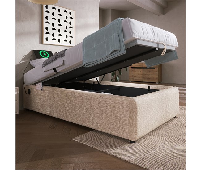 Conforama Cómoda Tapizada 90×190 Cm - Tela De Lino - Con Enchufes De Carga Y Cojín De Láminas - Beige