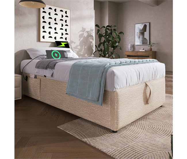 Conforama Cómoda Tapizada 90×190 Cm - Tela De Lino - Con Enchufes De Carga Y Cojín De Láminas - Beige