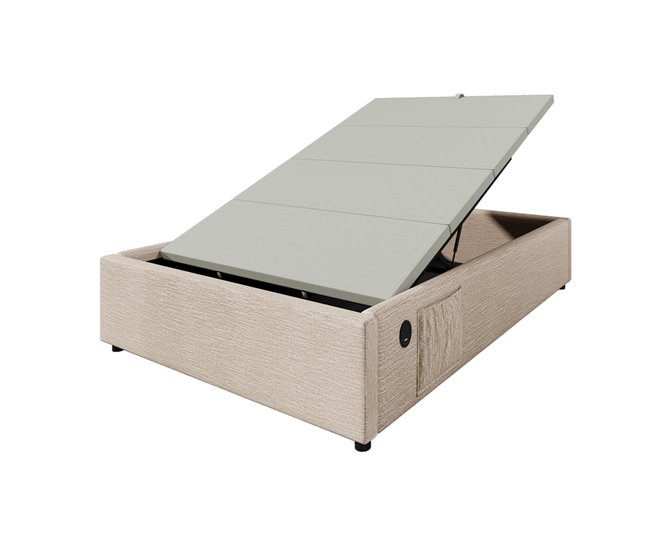 Conforama Cómoda tapizada 90×190 cm - tela de lino - con enchufes de carga y cojín de láminas - Beige