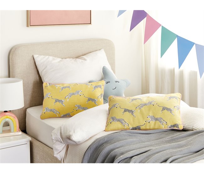 Conforama Conjunto De 2 Cojines De Algodón Amarillo Motivo Guepardos 30 X 50 Cm ARALES